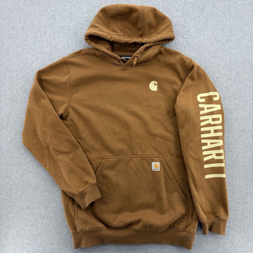 Carhartt Rain Defender Hoodie Brown Loose Fit Men’s Medium Logo Sleeve Pullover